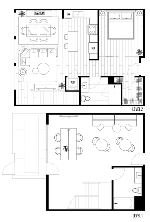 Floor plan for 1 bed, 2 baths, 1424 sqft